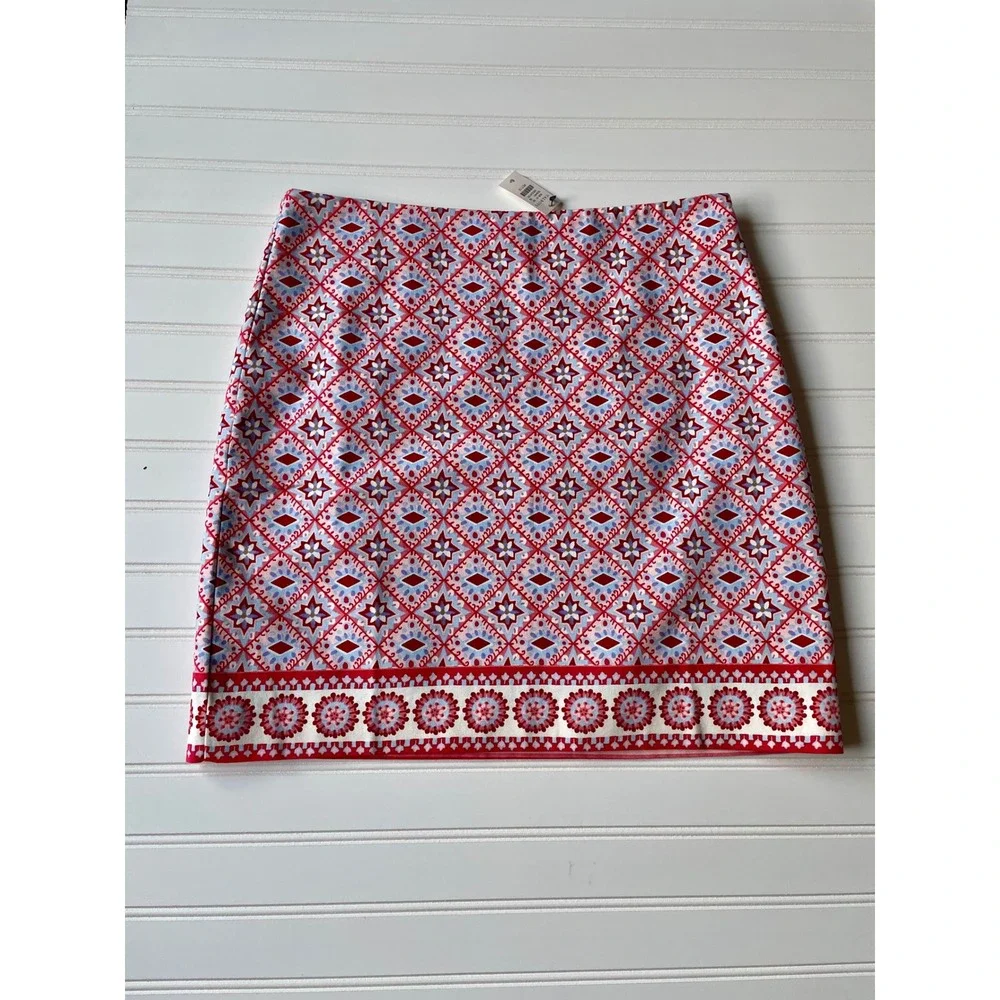 NEW Talbots Canvas Cotton A-Line Skirt Size 6P Red Blue Mediterranean Tile Print